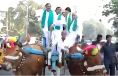 Telangana BJP MLAs reach Assembly on bullock cart