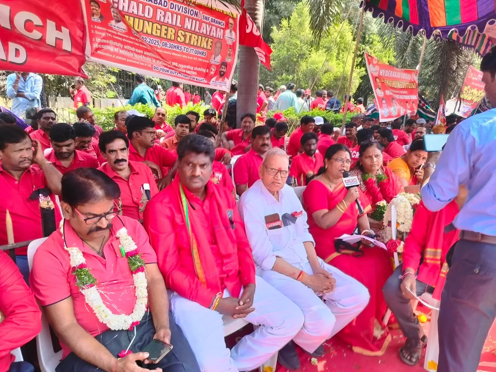 Employees observe hunger strike at Rail Nilayam in support of pending demands