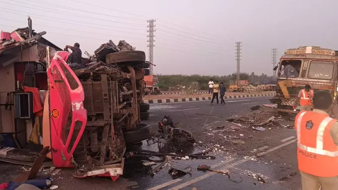 Three Killed, Eight Injured in Bus-Lorry Collision in Eluru