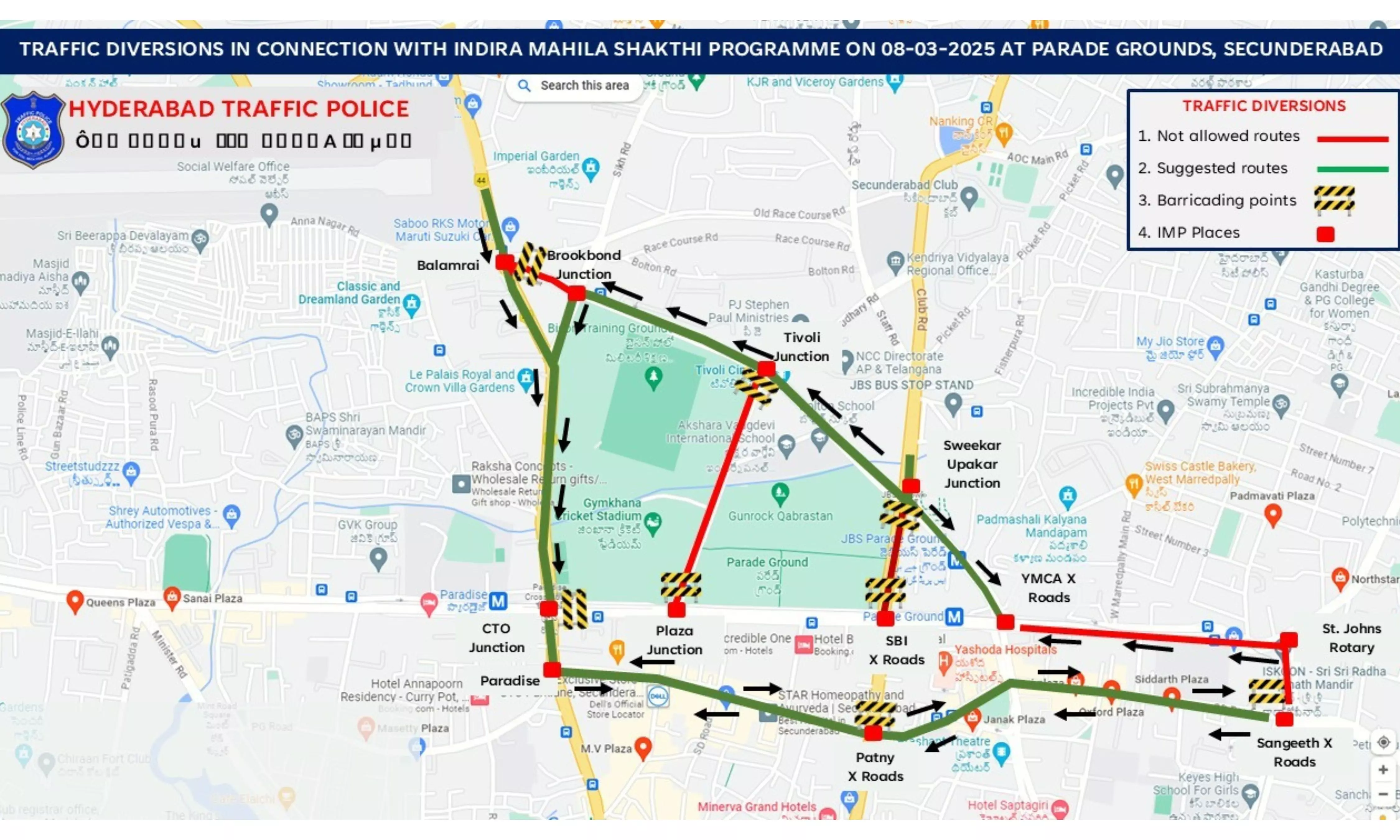 Hyderabad police impose diversions in view of Indira Mahila Shakthi-2025 event at Parade Grounds